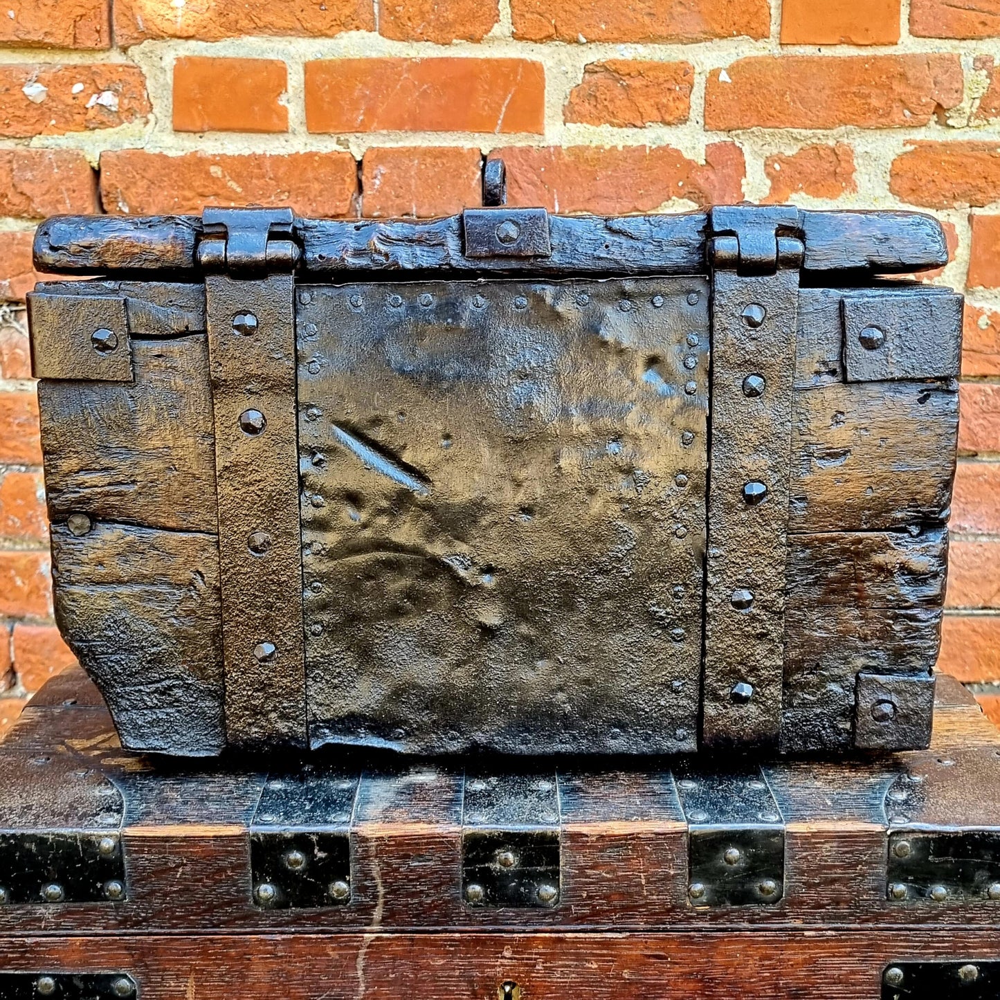 Late 15th Century Antique Oak Strong Box or Alms with Original Ironwork and Iron Bindings