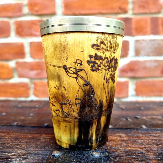 Early 19th Century English Antique Folk Art Scrimshaw Horn Beaker Decorated with a Hunting Scene