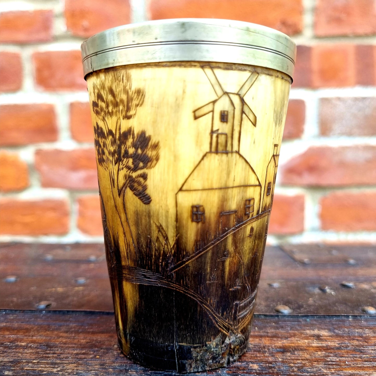 Early 19th Century English Antique Folk Art Scrimshaw Horn Beaker Decorated with a Hunting Scene