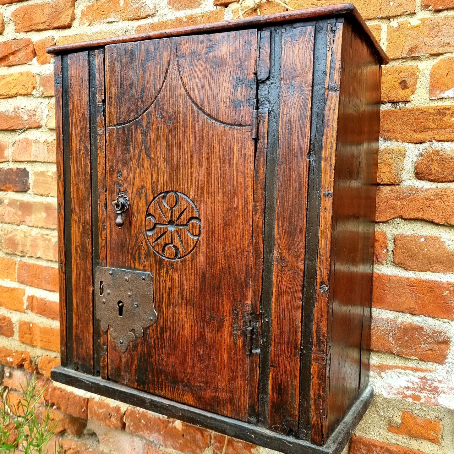 17thC English Antique Oak and Elm Wall Cupboard or Mural Cupboard