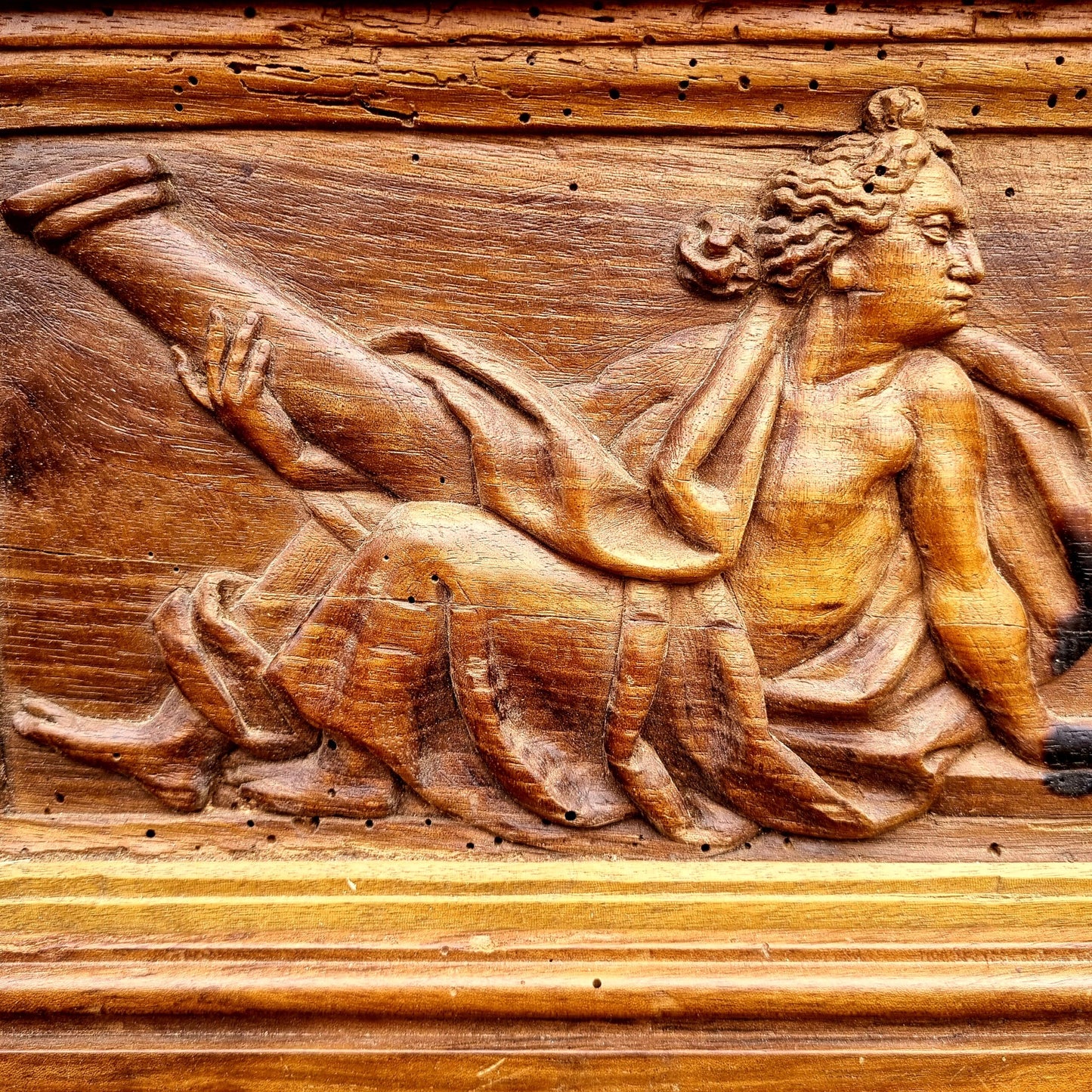 Early 18th Century Flemish Antique Carved Walnut Panel Depicting An Allegory of Fortitude