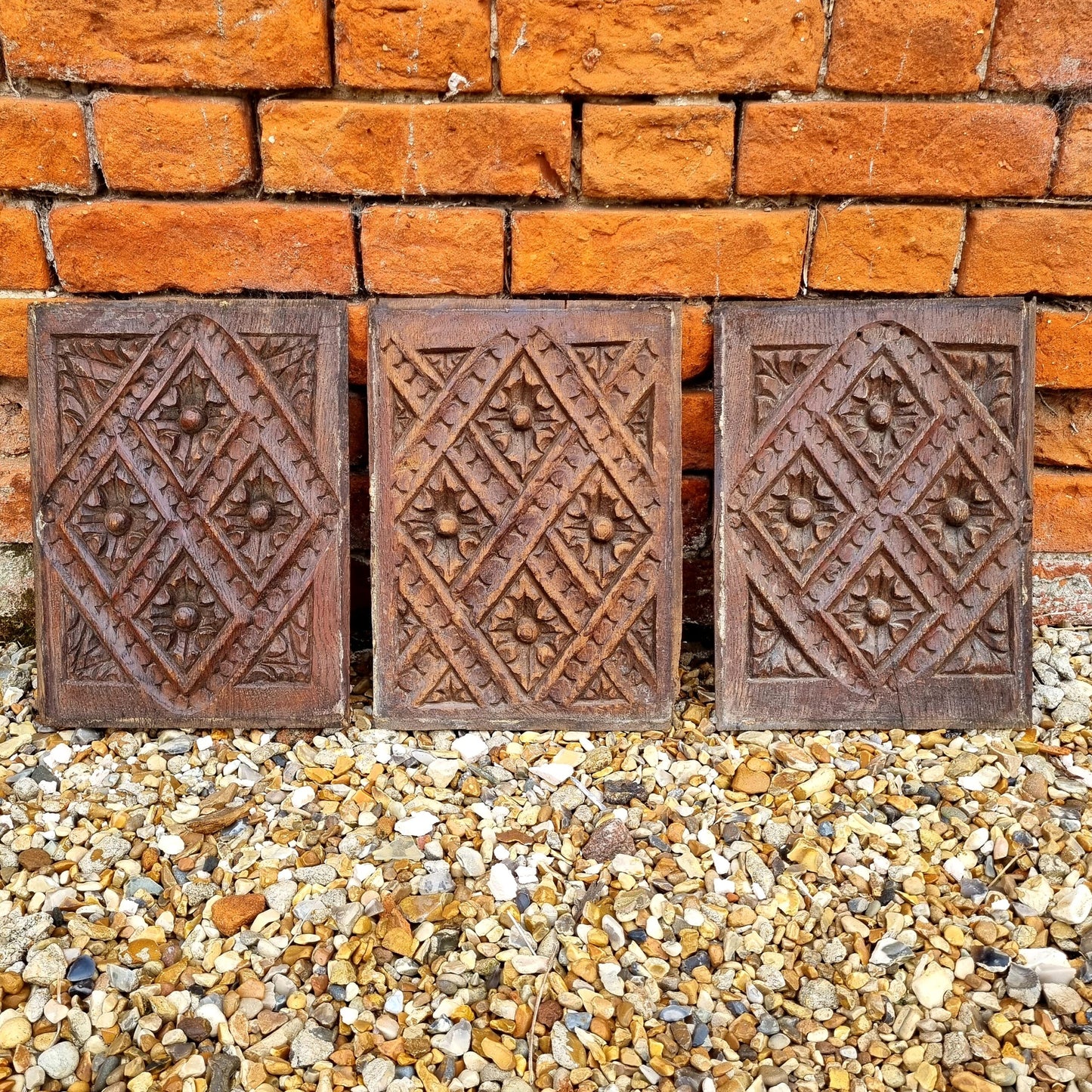 Set of 3 x 16thC English Antique Carved Oak Panels with Traces of Original Polychrome