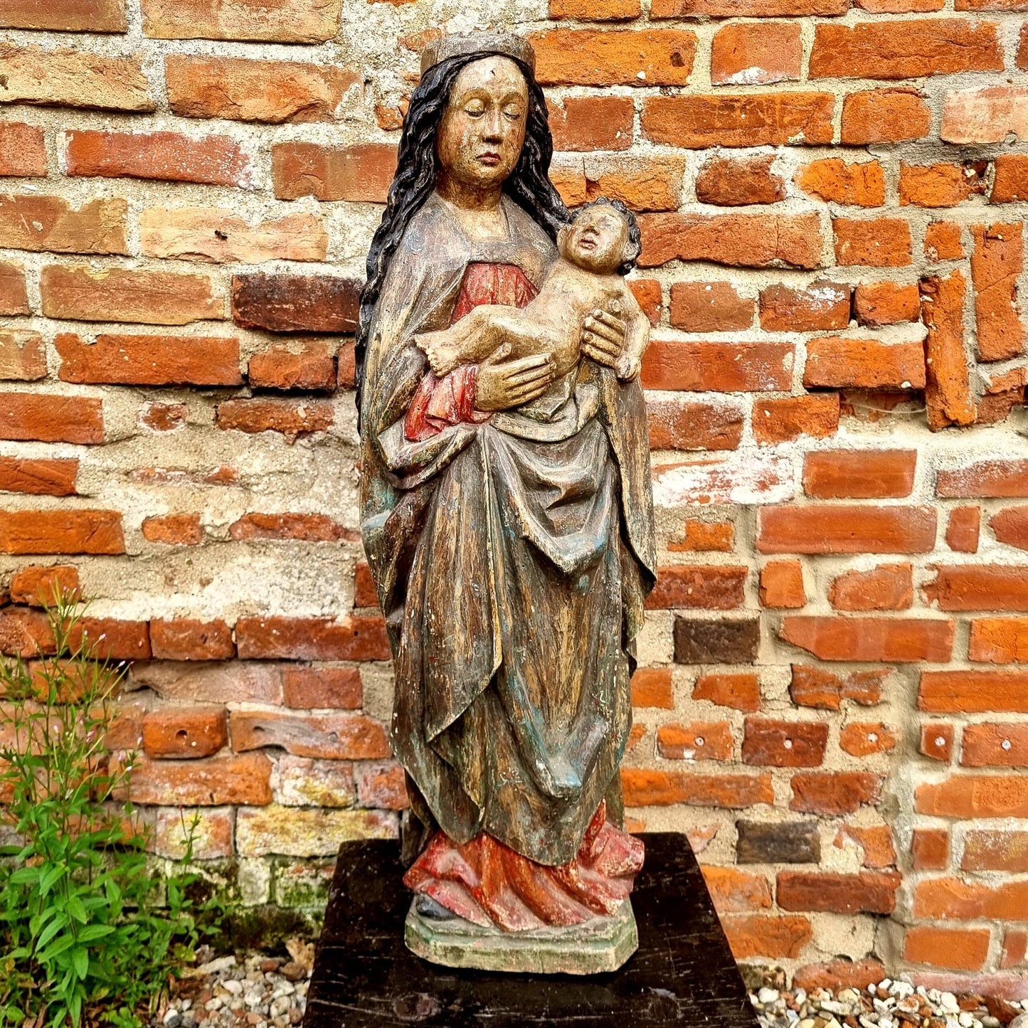 Mid 15th Century Gothic Antique Carved Wood Sculpture of the Madonna & Child, Circa 1450