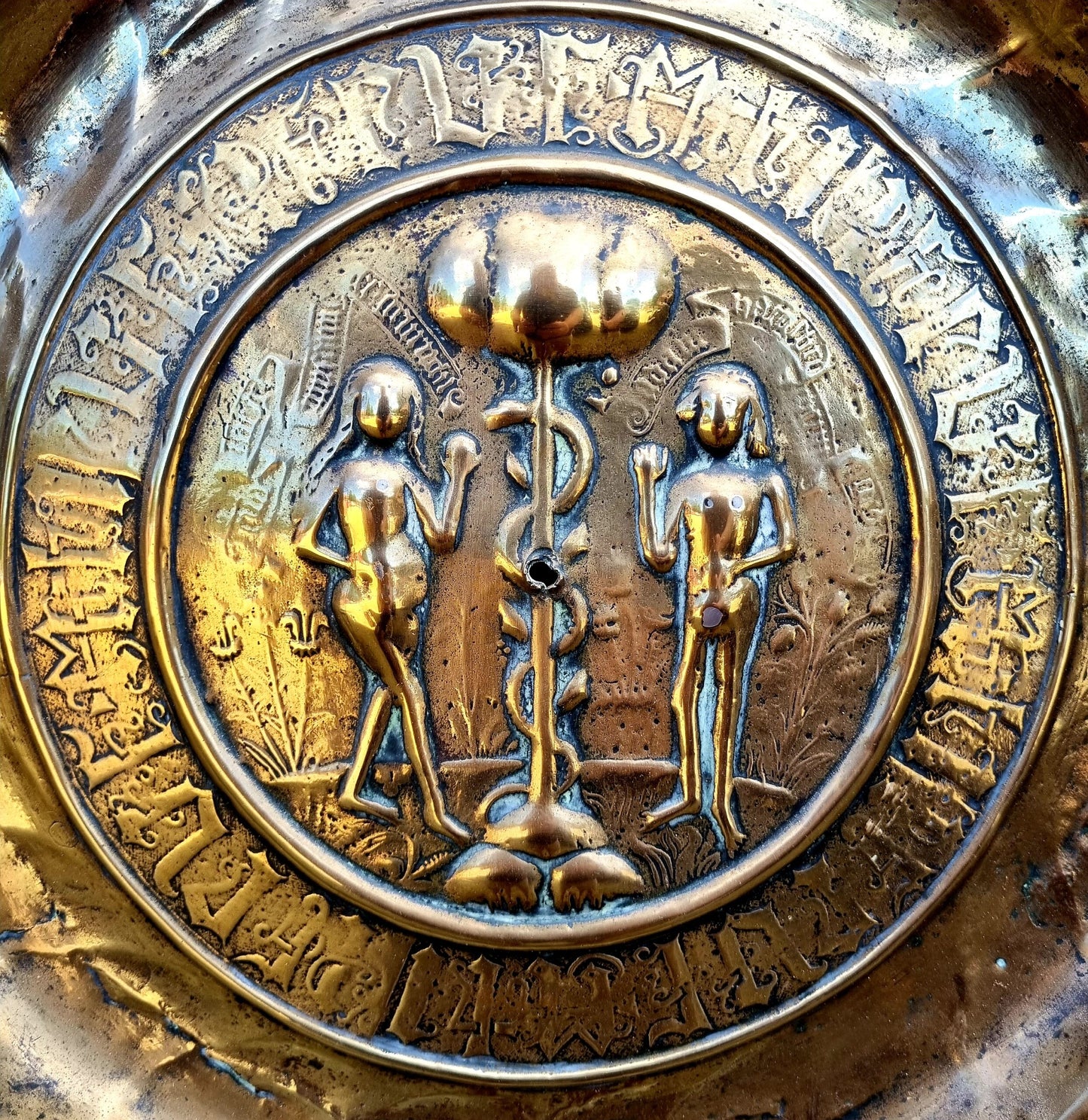 17th Century German Antique Brass Adam & Eve Alms Dish Attributed to Nuremberg