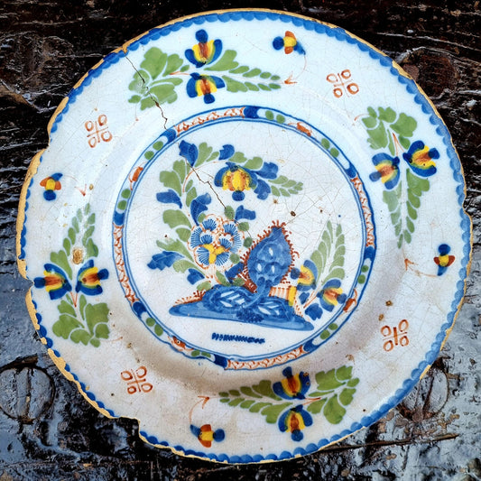 Mid 18th Century English Antique Delftware Polychrome Plate in the Chinoiserie Manner with Flowers and Foliage, Attributed to Lambeth, London