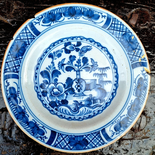 Mid 18th Century English Antique Delftware Plate in the Chinoiserie Manner, Attributed to Bristol
