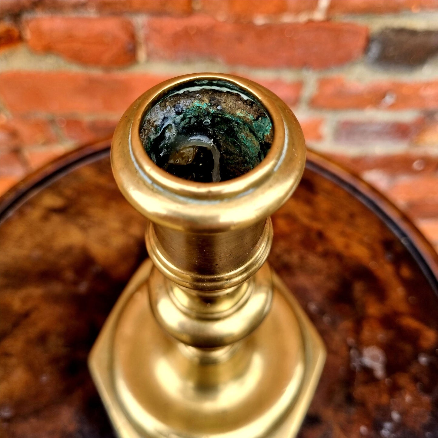 17th Century French Antique Brass Candlestick, circa 1680, bearing the initials "MVH"