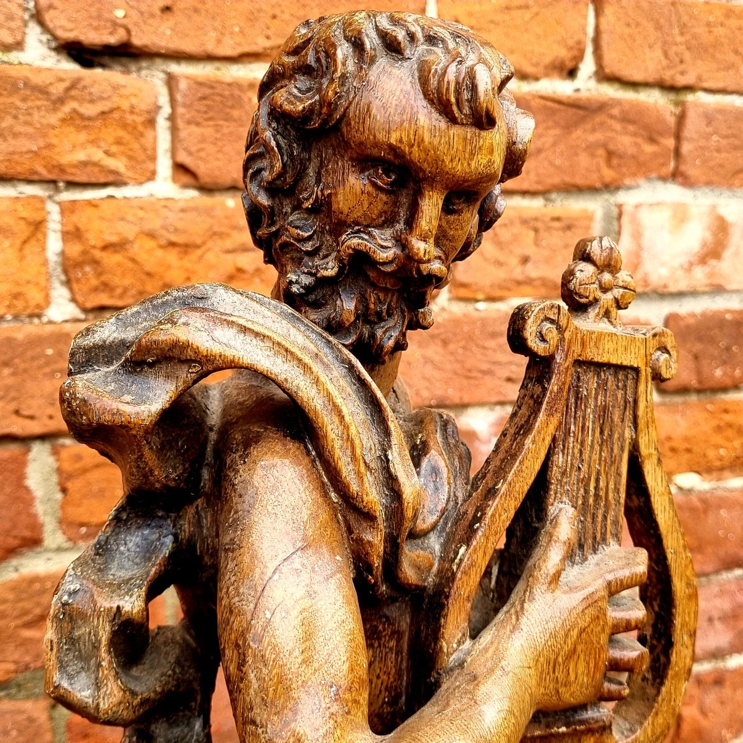 Ex Hurst Collection - Late 17th Century Antique Carved Oak Sculpture of Orpheus With His Lyre