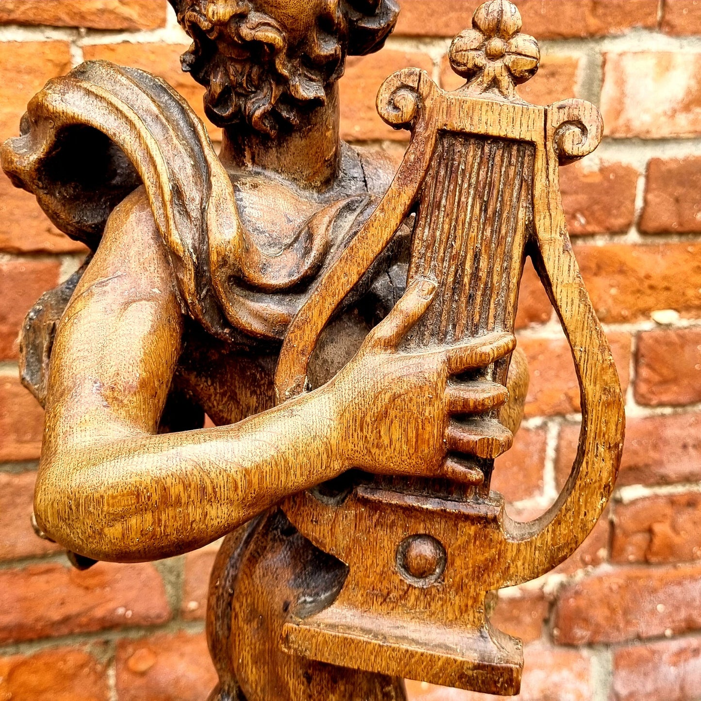 Ex Hurst Collection - Late 17th Century Antique Carved Oak Sculpture of Orpheus With His Lyre