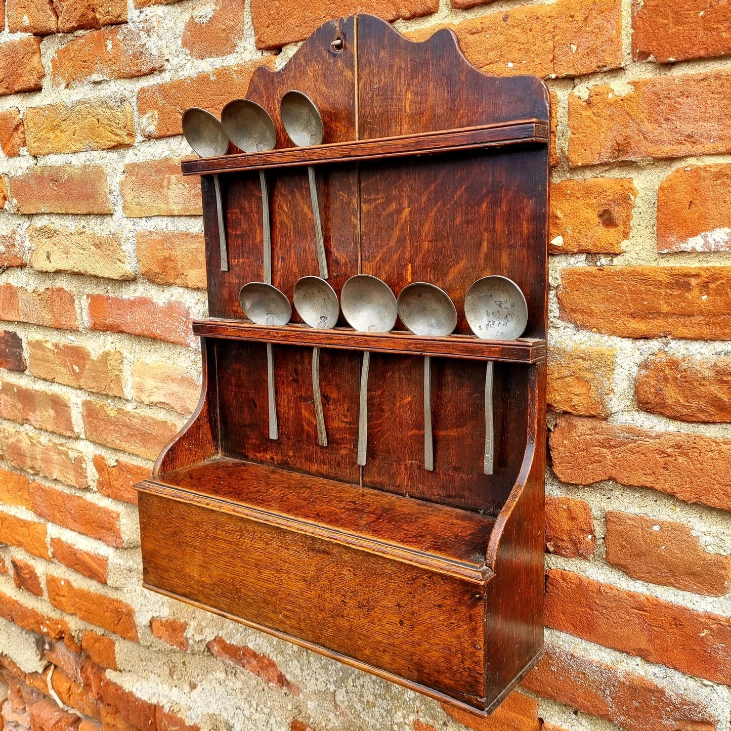 Late 18th Century English Antique Oak Spoon Rack with an Associated Set of Eight 17th Century Antique Pewter Slip Top Spoons