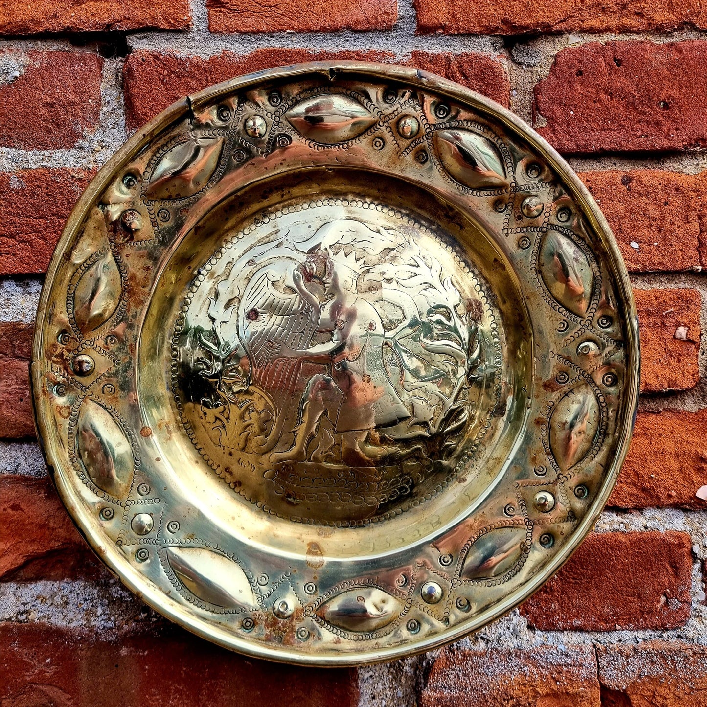 16th Century German Antique Brass Nuremberg Alms Dish Decorated with King David Playing a Harp