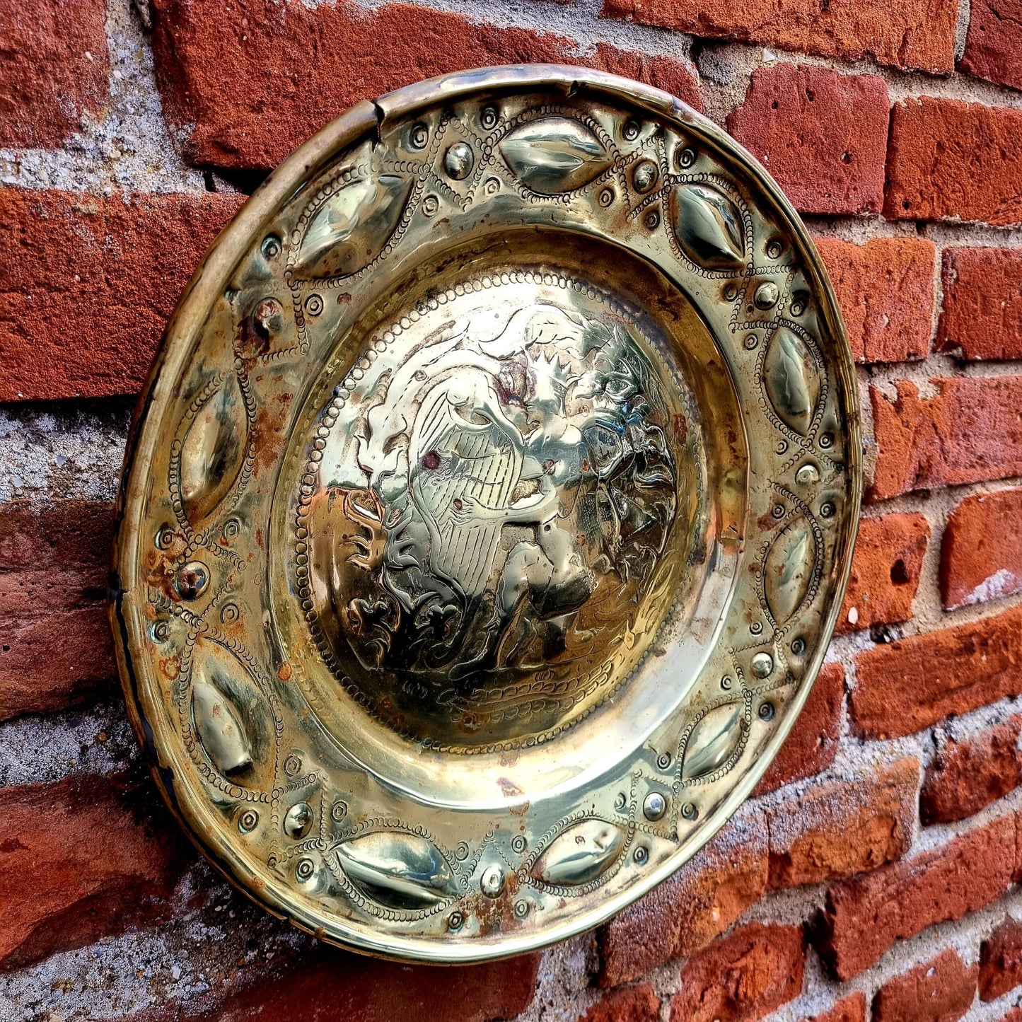 16th Century German Antique Brass Nuremberg Alms Dish Decorated with King David Playing a Harp