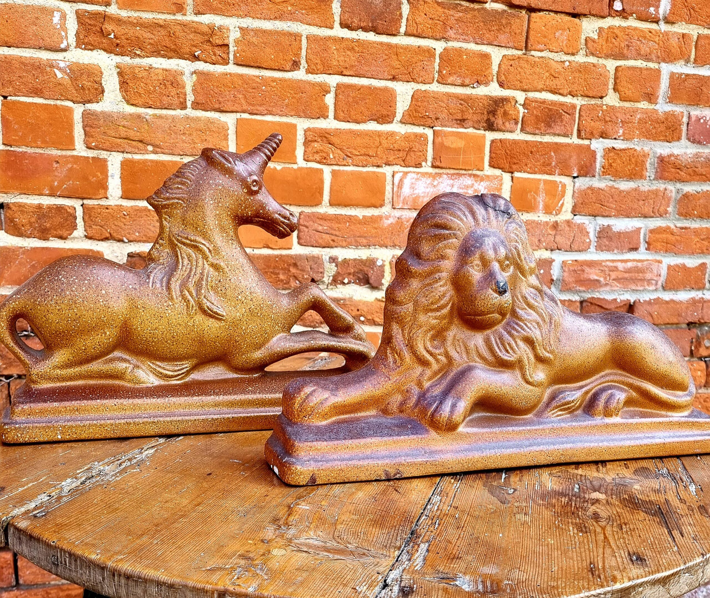 Pair of Large 19th Century English Antique Pottery Salt Glazed Stoneware Figures Depicting the Lion and Unicorn