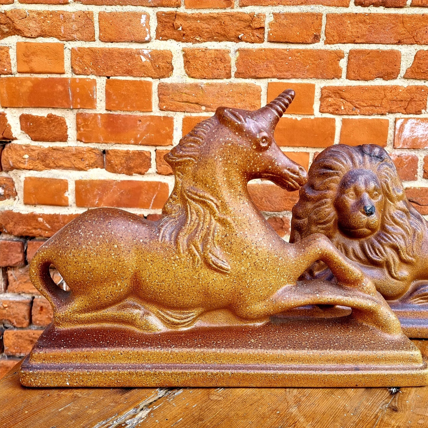 Pair of Large 19th Century English Antique Pottery Salt Glazed Stoneware Figures Depicting the Lion and Unicorn