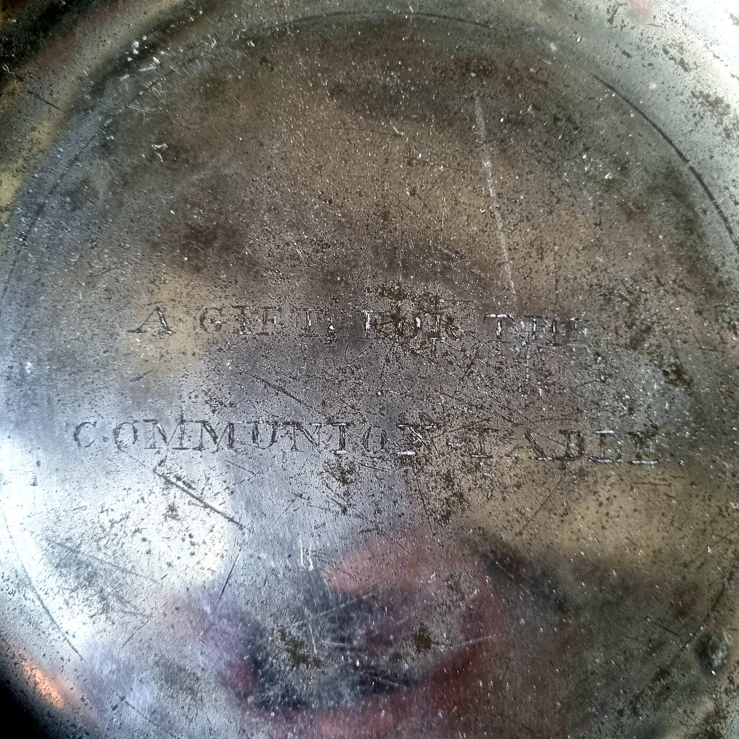 18th Century English Antique Pewter Communion Wafer Plate or Collection Plate, Inscribed "a gift for the communion table", Bearing London Touchmarks