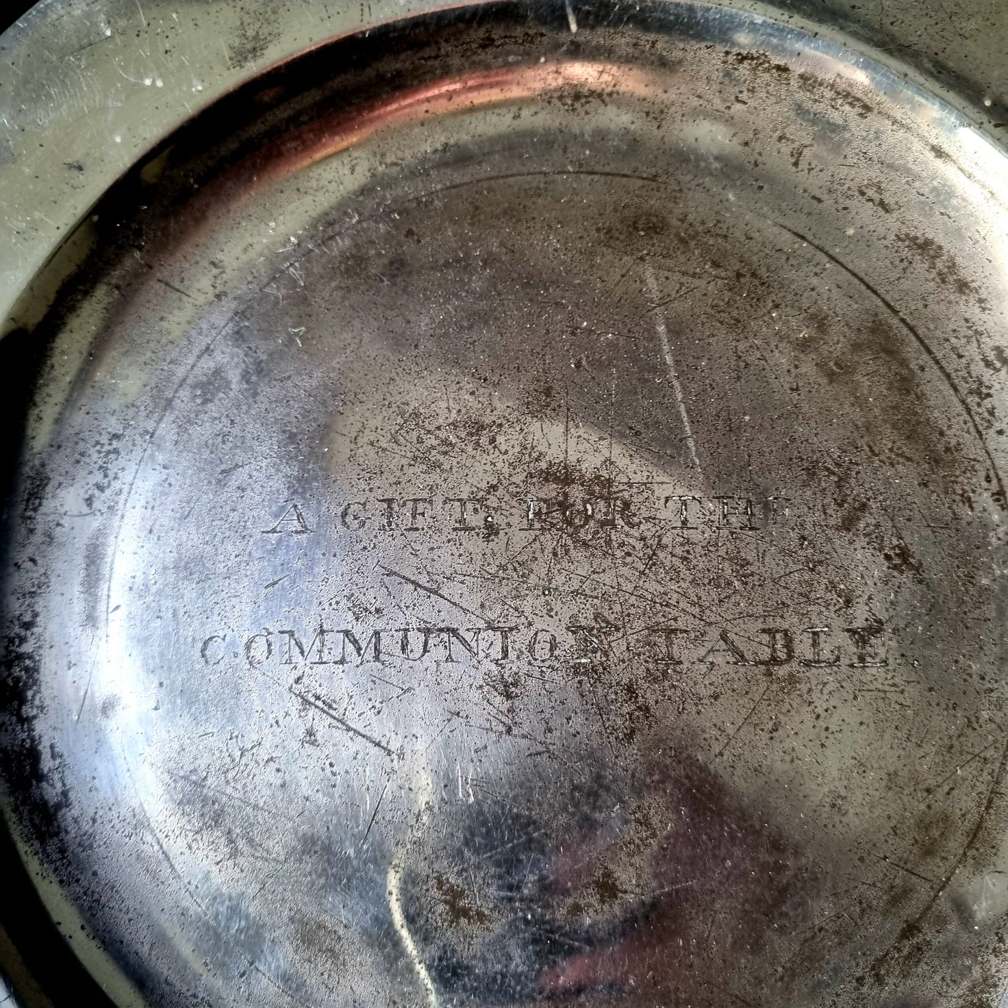 18th Century English Antique Pewter Communion Wafer Plate or Collection Plate, Inscribed "a gift for the communion table", Bearing London Touchmarks