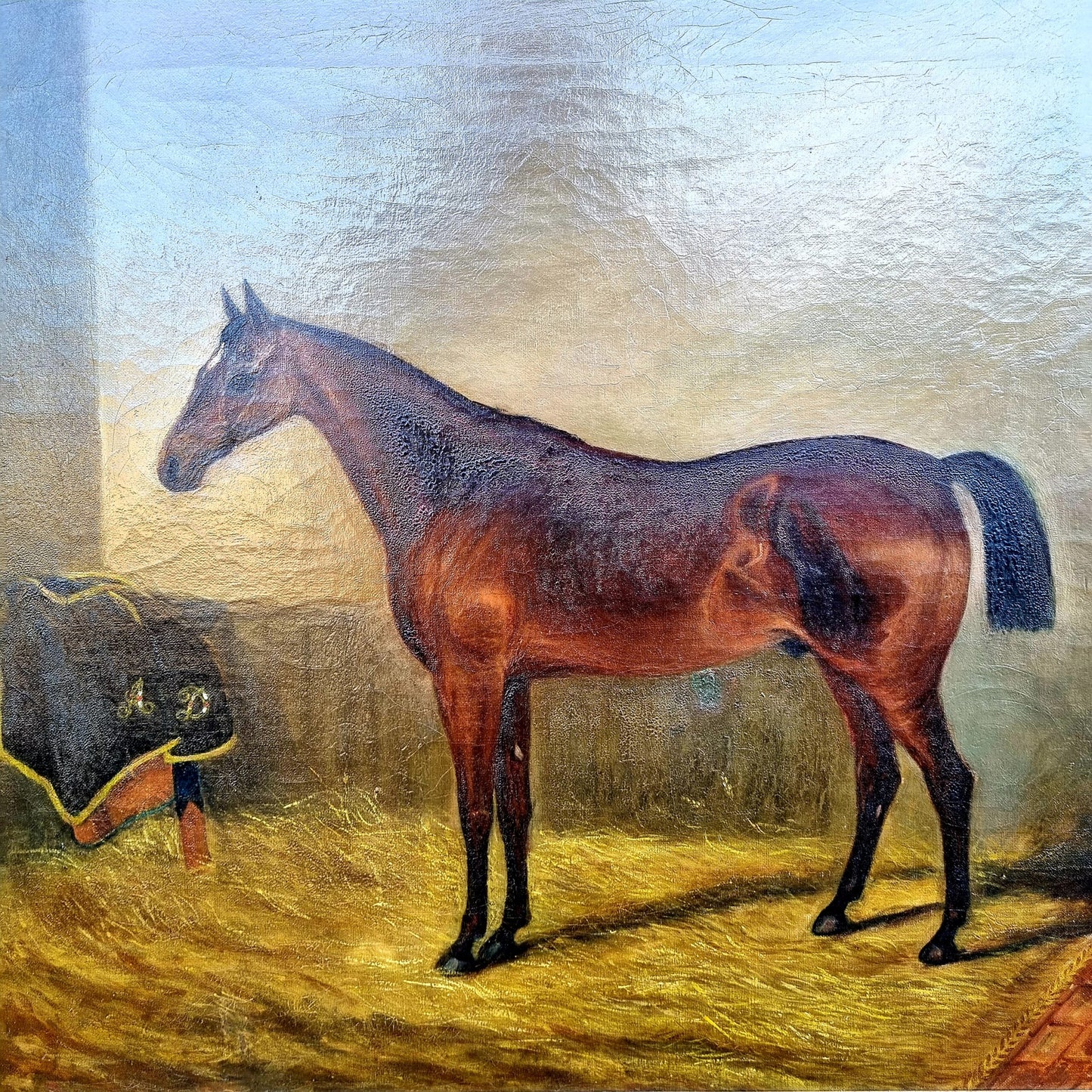 Mid 19th Century English School Antique Oil on Canvas Portrait Painting of a Horse Within a Stable