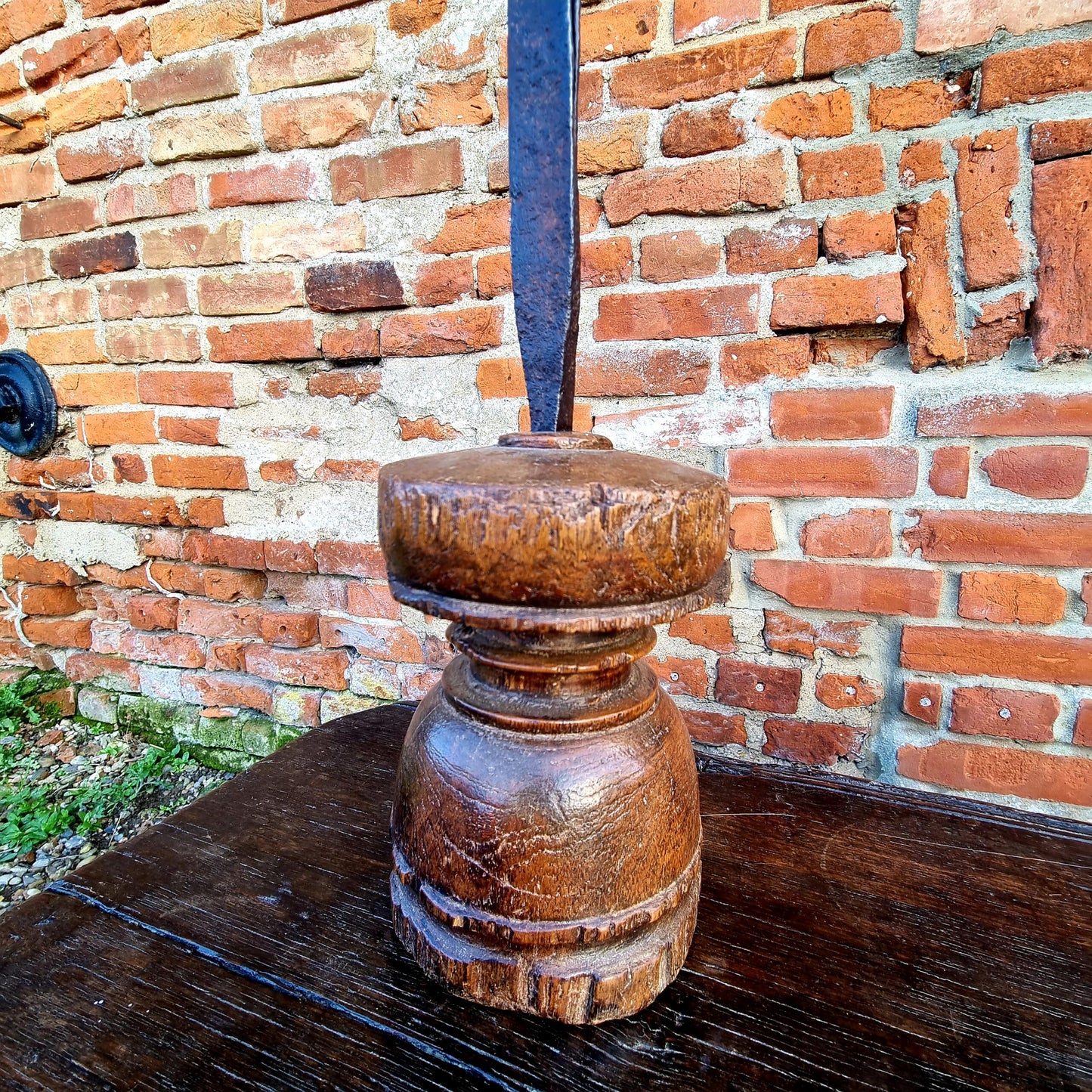 Late 18th Century English / Scottish Antique Wrought Iron Peerman (Iron Candlestick) on a Turned Wooden Base