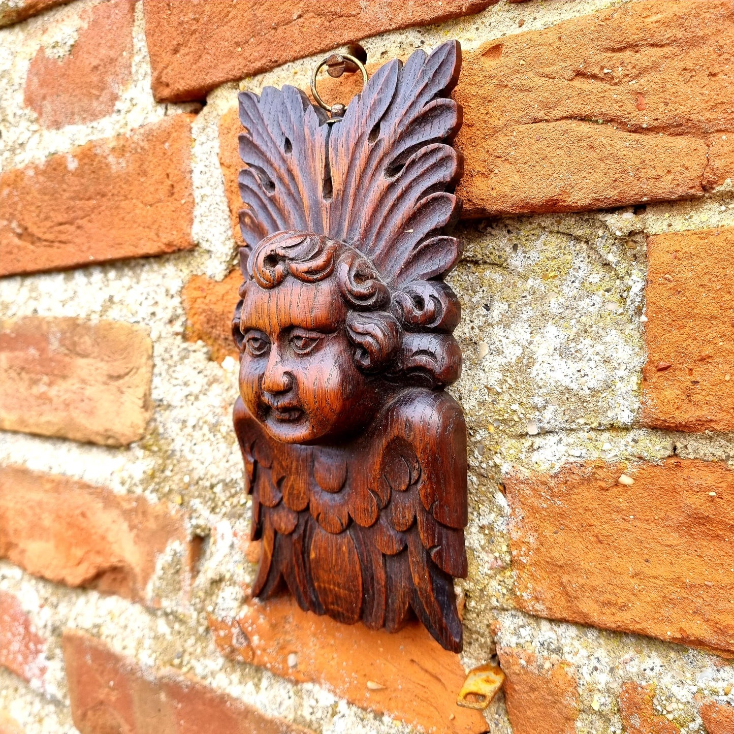 17thC Style, 19thC-Made, Antique Carved Oak Panel Depicting a Cherub's Head