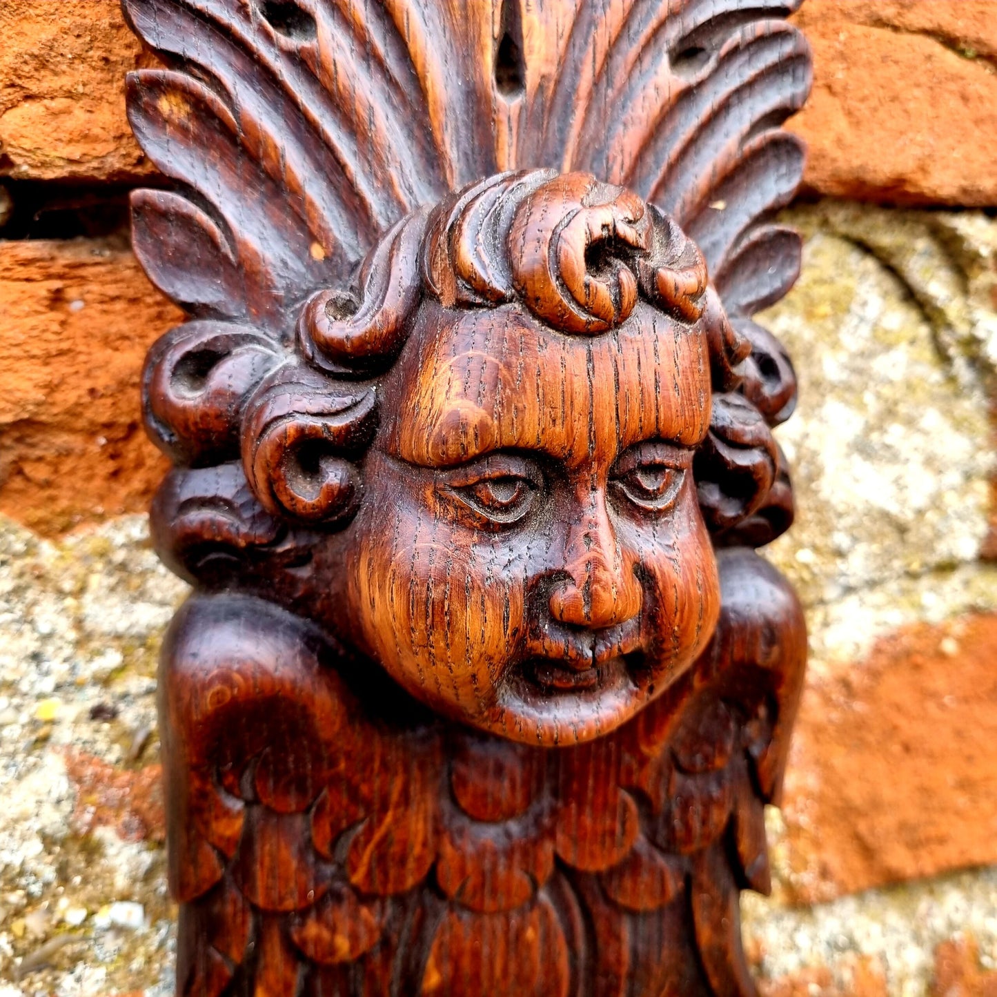 17thC Style, 19thC-Made, Antique Carved Oak Panel Depicting a Cherub's Head