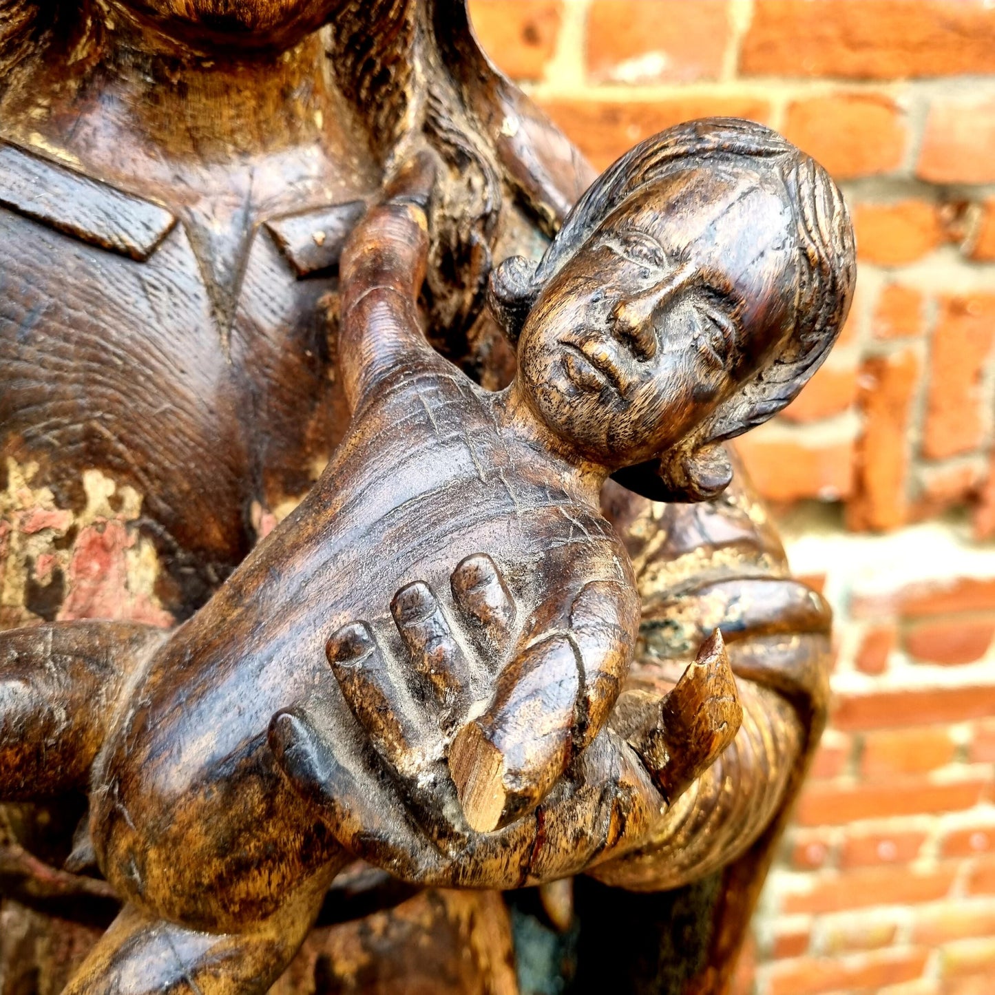 Large & Impressive Early 17th Century Antique Carved Walnut Sculpture of the Madonna & Child