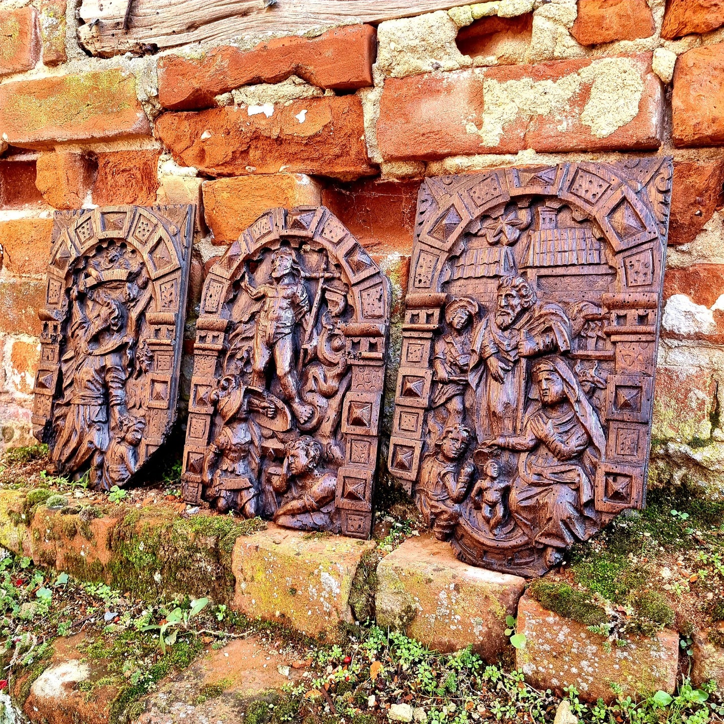 Set of 3 x Early 17th Century Flemish Antique Carved Oak Panels Including The Nativity, The Arrest of Jesus and The Resurrection