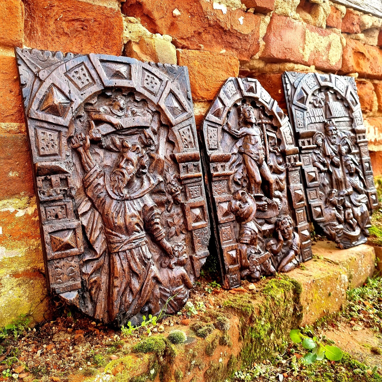 Set of 3 x Early 17th Century Flemish Antique Carved Oak Panels Including The Nativity, The Arrest of Jesus and The Resurrection