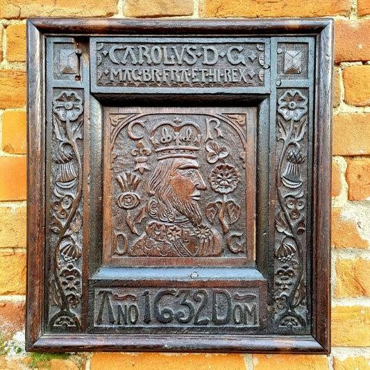 Rare 17th Century English Antique Carved Oak Portrait Panel Depicting King Charles I, Dated 1632