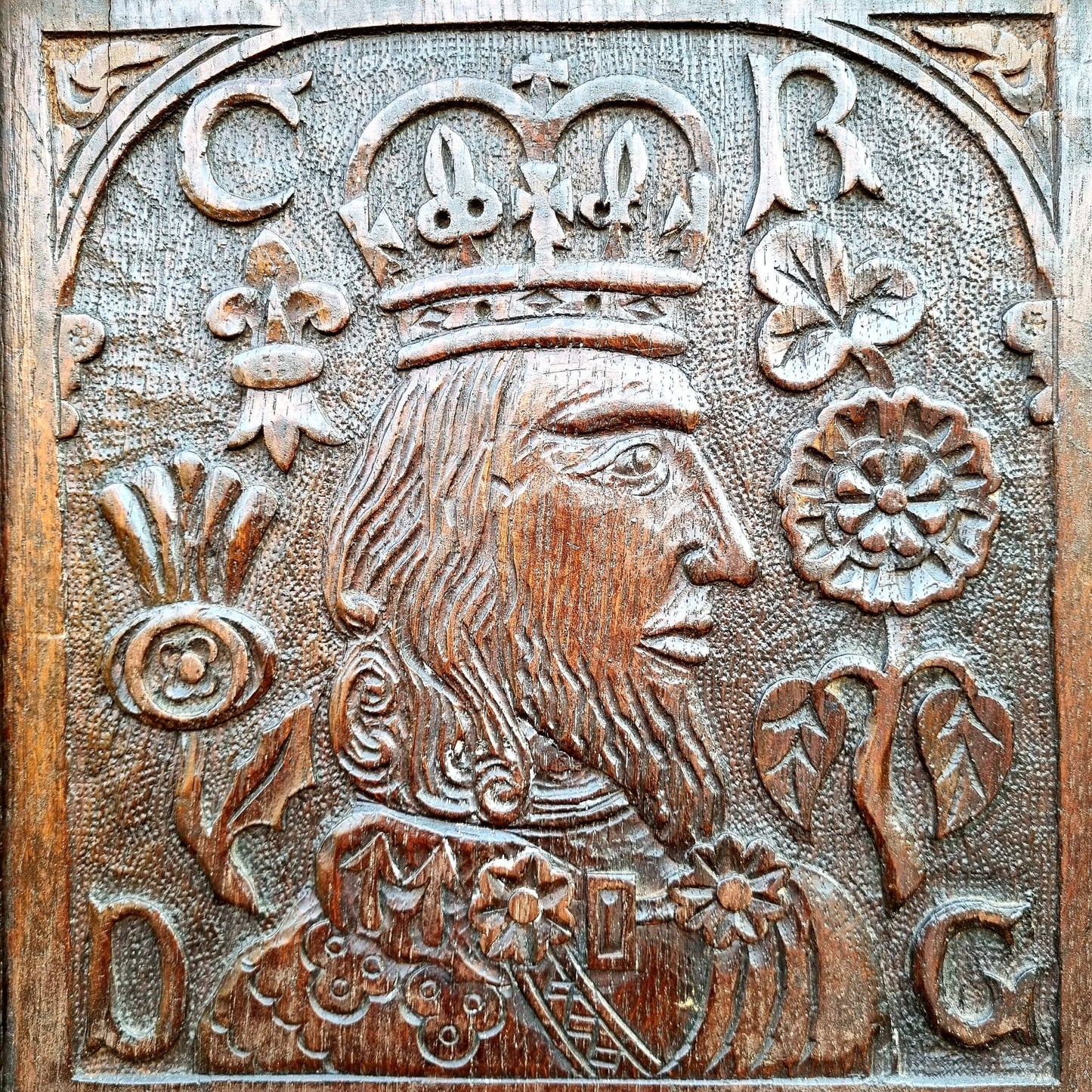 Rare 17th Century English Antique Carved Oak Portrait Panel Depicting King Charles I, Dated 1632