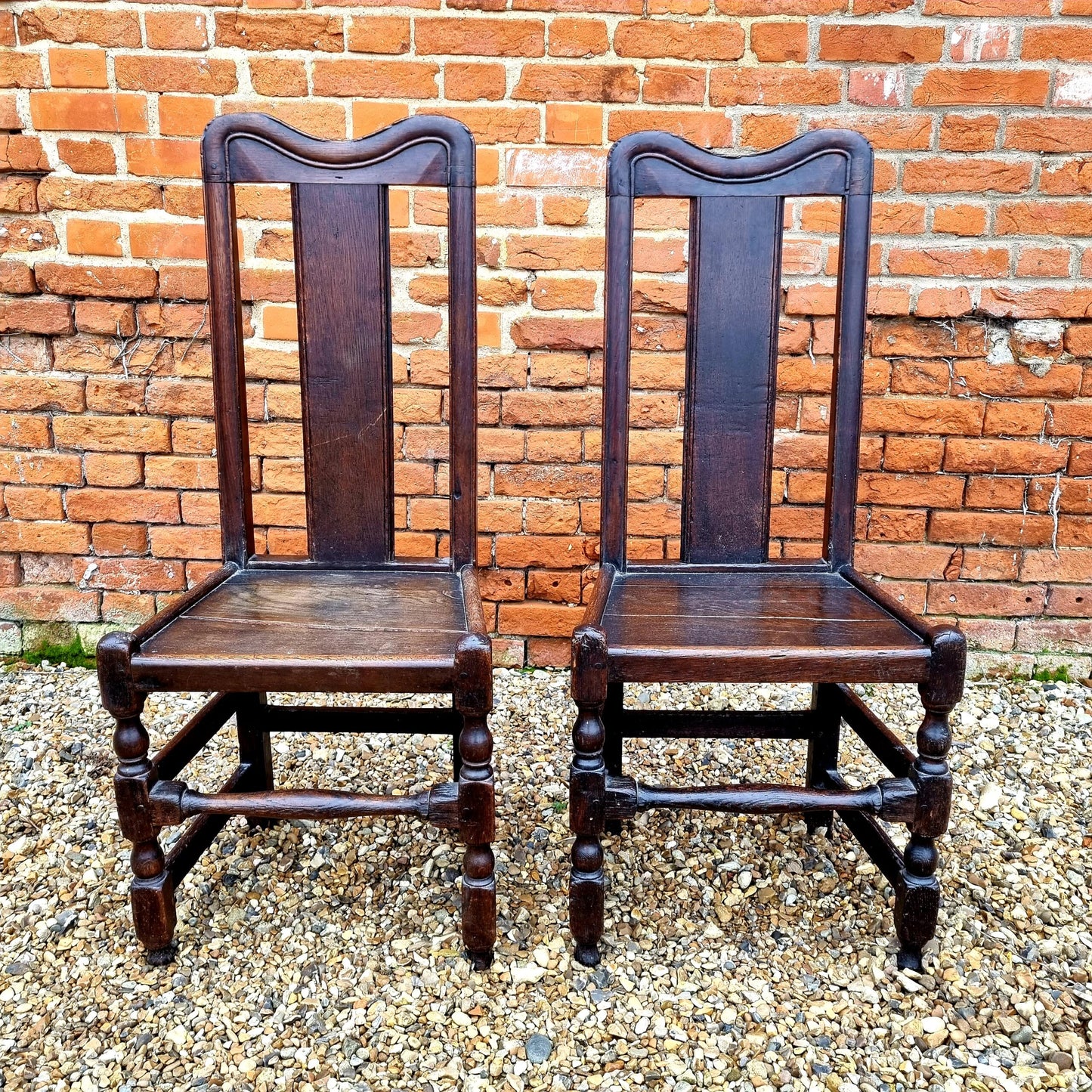 Pair of 17th Century Welsh Antique Oak Back Stools or Hall Chairs