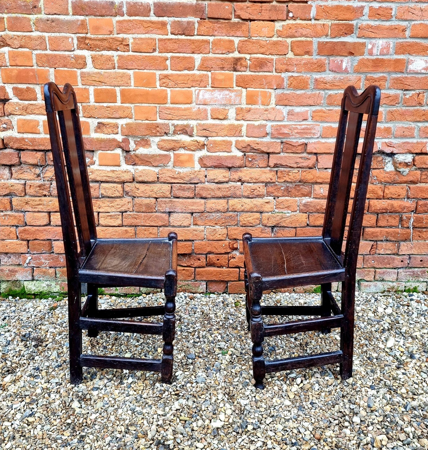 Pair of 17th Century Welsh Antique Oak Back Stools or Hall Chairs