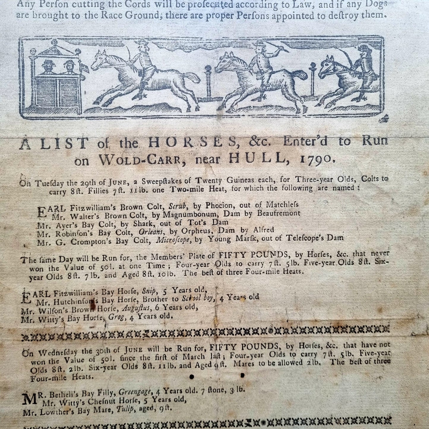 Late 18th Century English Antique Horse Racing Card or Pamphlet Dated 1790, Entitled "A List of the Horses, &c, Enter'd to Run on Wold-Carr, Near Hull, 1790"