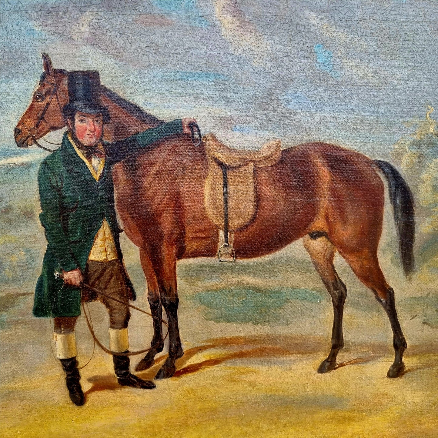 Mid 19th Century English School Antique Oil Portrait Painting of a Gentleman Farmer and His Prize Horse, Signed "H Hall"