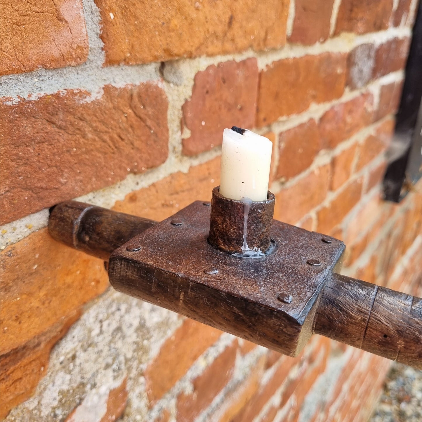 Rare Late 18th Century English Antique Treen and Iron "Sticking Tommy" or "Go-to-bed" Candlestick With Iron Wall Spike
