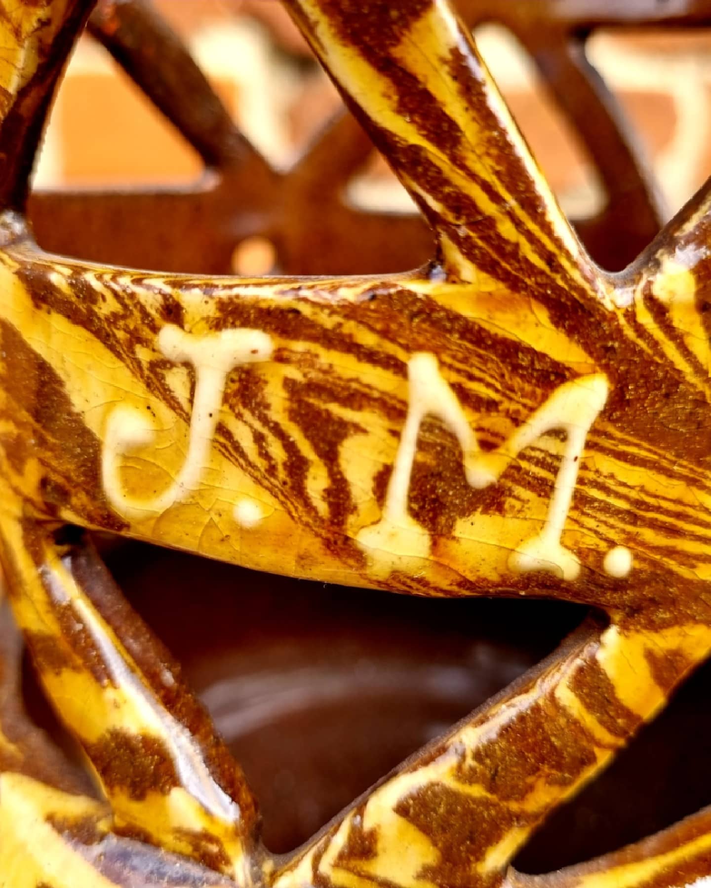 19th Century English Antique Slipware Puzzle Jug, Bearing Initials "JM" & Dated "1889"