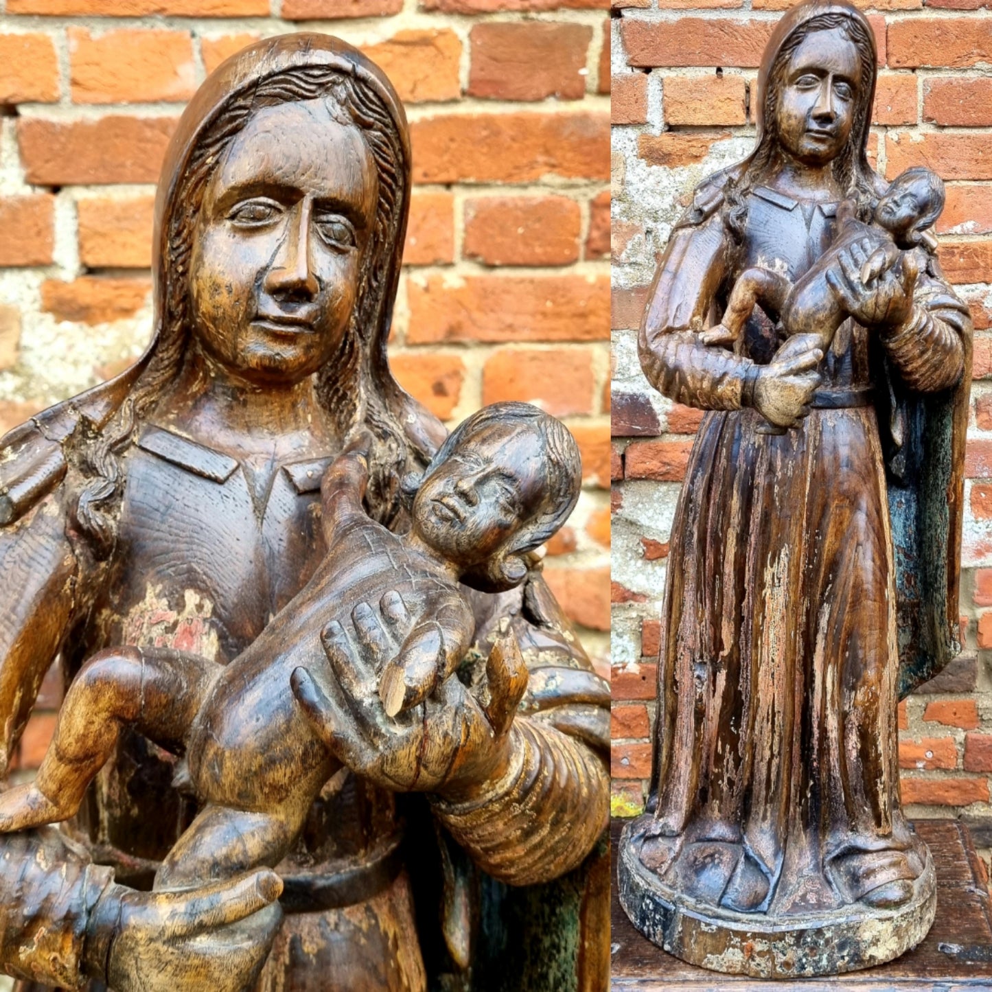 Large & Impressive Early 17th Century Antique Carved Walnut Sculpture of the Madonna & Child