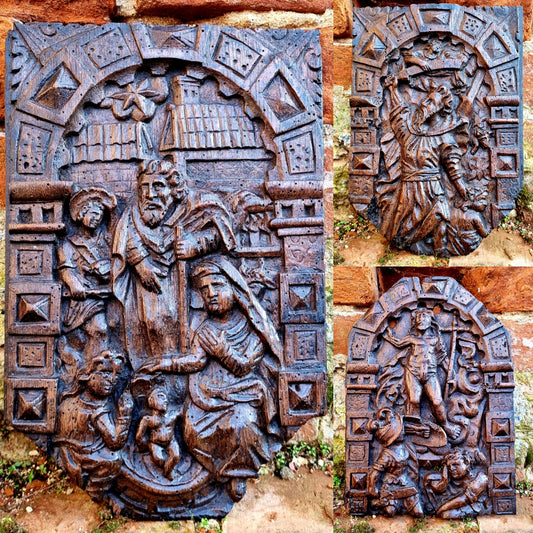 Set of 3 x Early 17th Century Flemish Antique Carved Oak Panels Including The Nativity, The Arrest of Jesus and The Resurrection