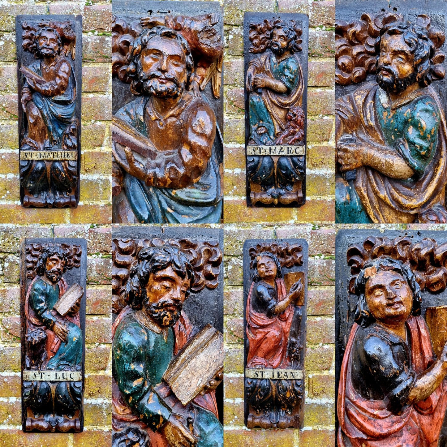 Superb Set of 4 x Large Early 17th Century French Antique Carved Oak Portrait Panels Depicting the Four Evangelists; St. Matthew, St. Mark, St. Luke and St. John