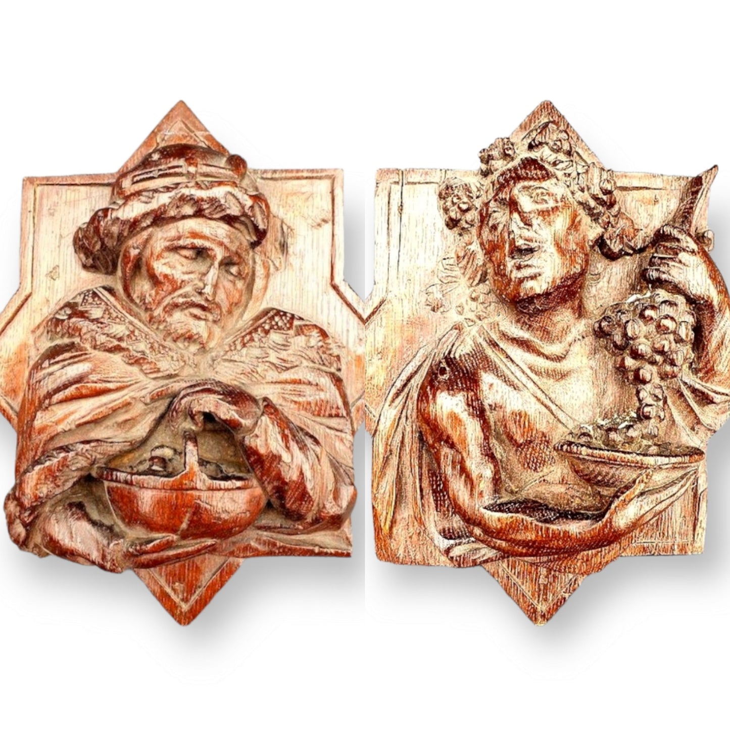 Pair of Mid 17th Century Flemish Antique Carved Oak Bosses / Panels Depicting Summer & Autumn