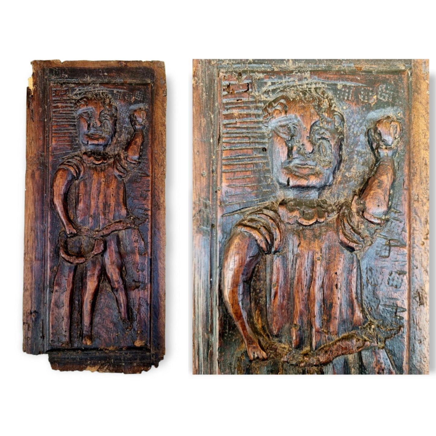 Primitive / Naive Late 16th Century Antique Carved Oak Figural Panel