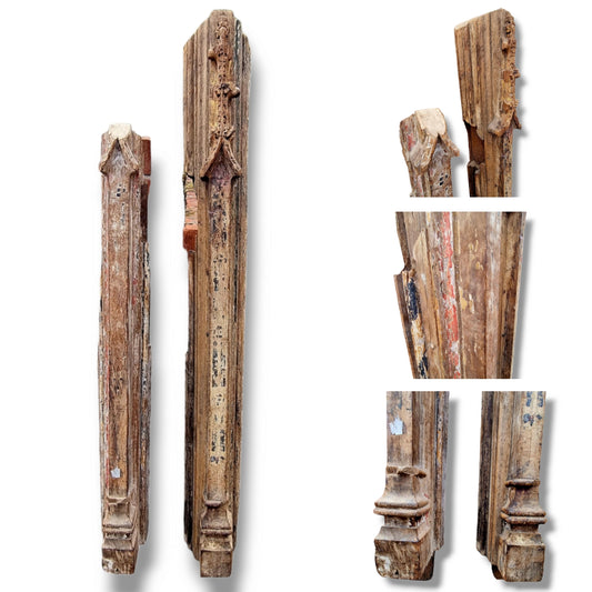 Rare Pair of 15thC English Antique Carved Oak Rood Screen Stanchions With Original Paint