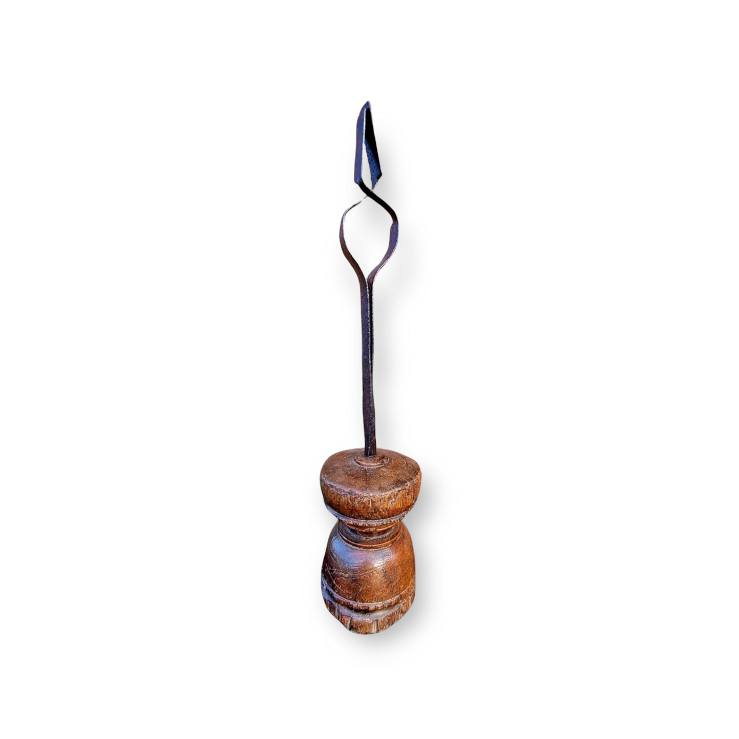 Late 18th Century English / Scottish Antique Wrought Iron Peerman (Iron Candlestick) on a Turned Wooden Base