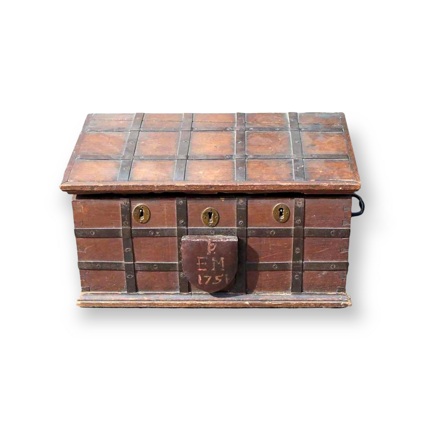 Mid 18th Century English Antique Oak Iron Bound Box Strongbox, Bearing Initials "EM" & Dated "1751"