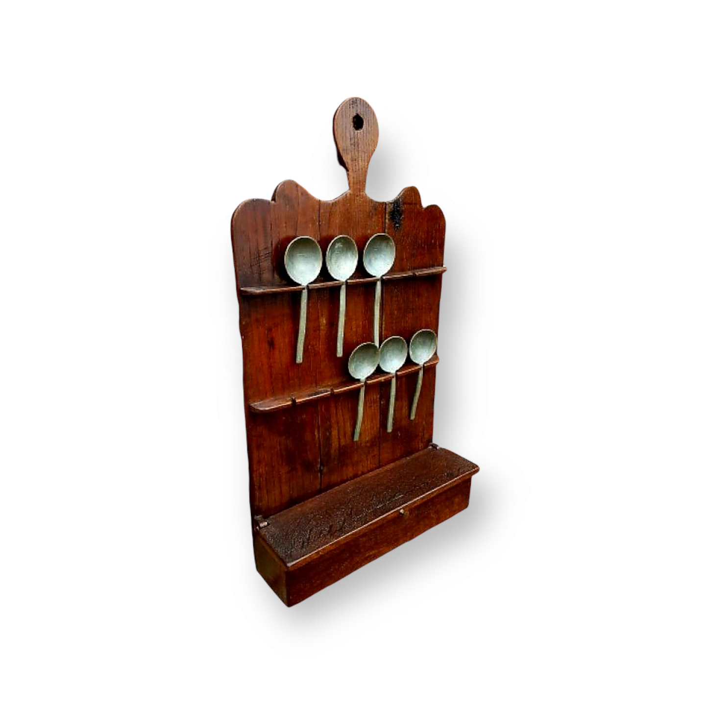 Late 18th Century George III Period English Antique Oak Spoon Rack with Associated Set of 6 x 17thC Pewter Spoons