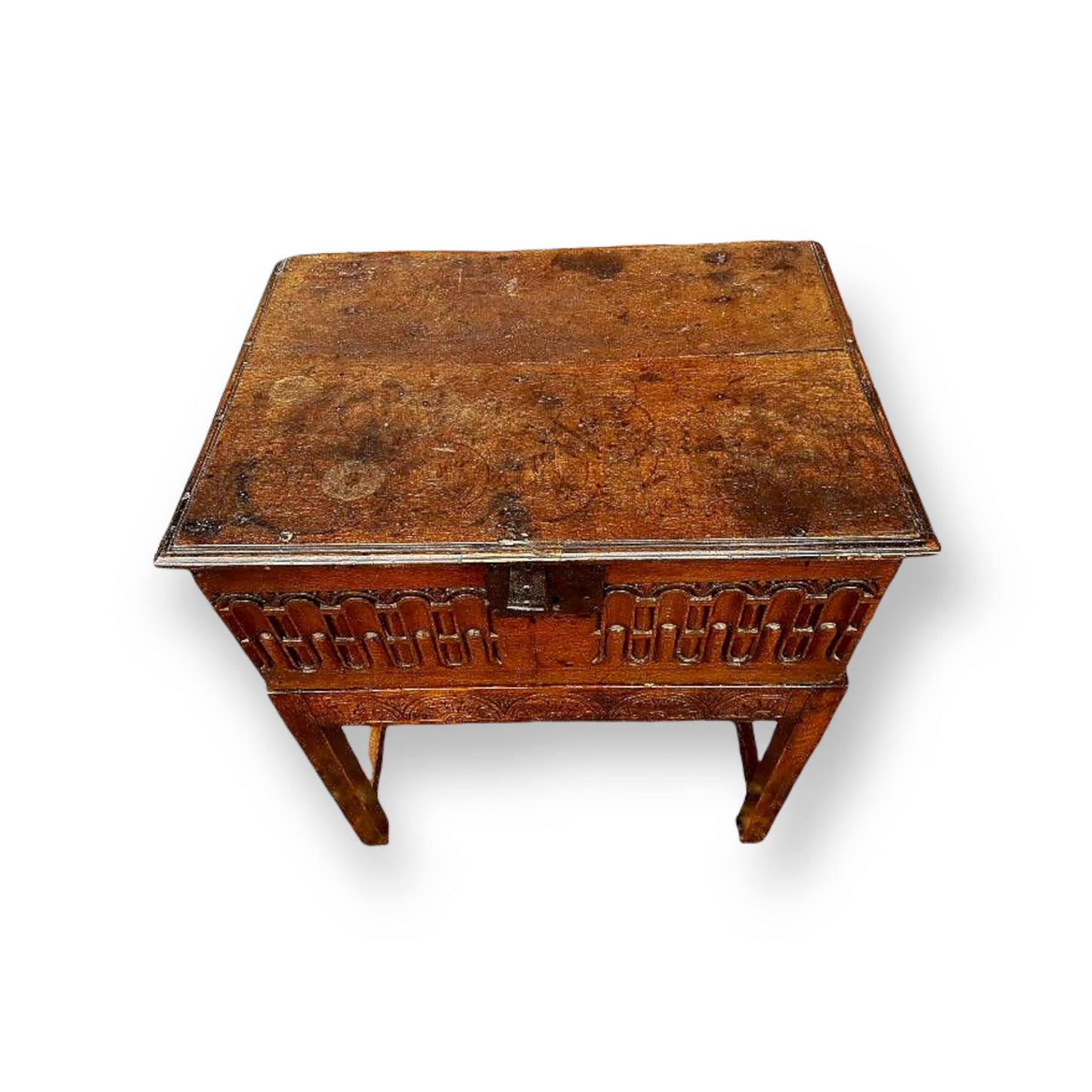 Early 17th Century English Antique Oak Boarded Box or Bible Box on an Associated Oak Stand of Later Date