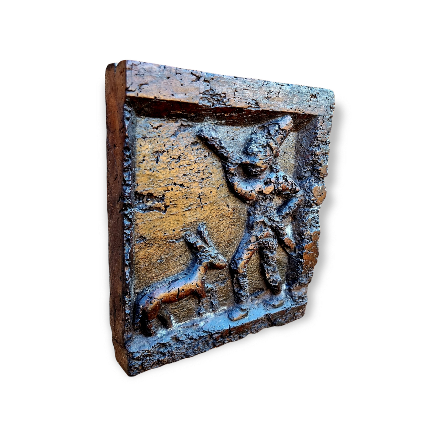 Early 16th Century Antique Carved Walnut Panel Depicting a Hunting Scene with a Man Blowing a Horn and a Deer