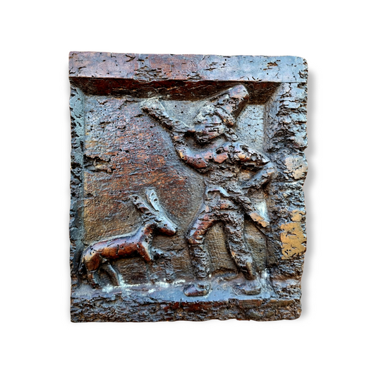 Early 16th Century Antique Carved Walnut Panel Depicting a Hunting Scene with a Man Blowing a Horn and a Deer