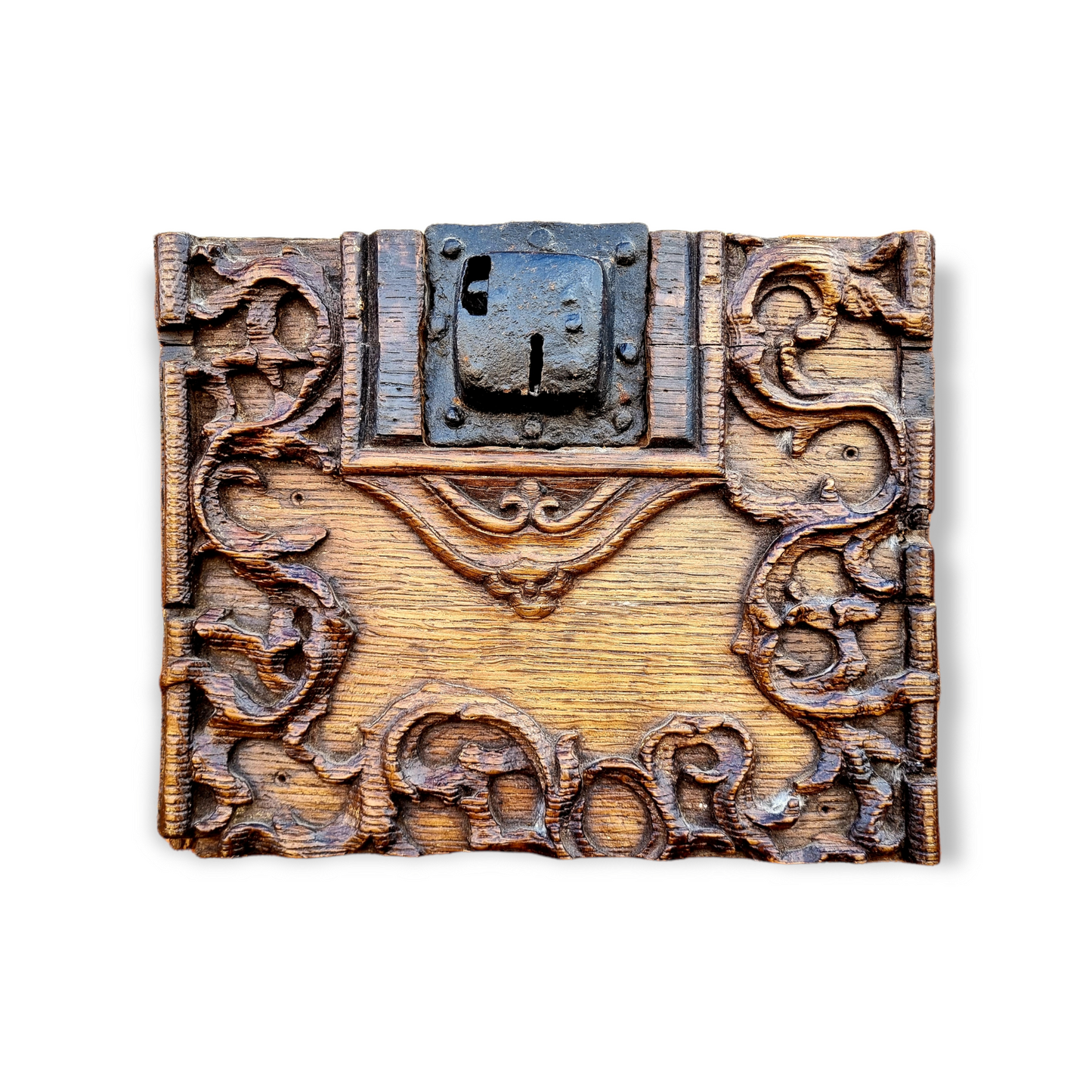 16th Century Antique Iron Lock Mounted on a Carved Oak Panel