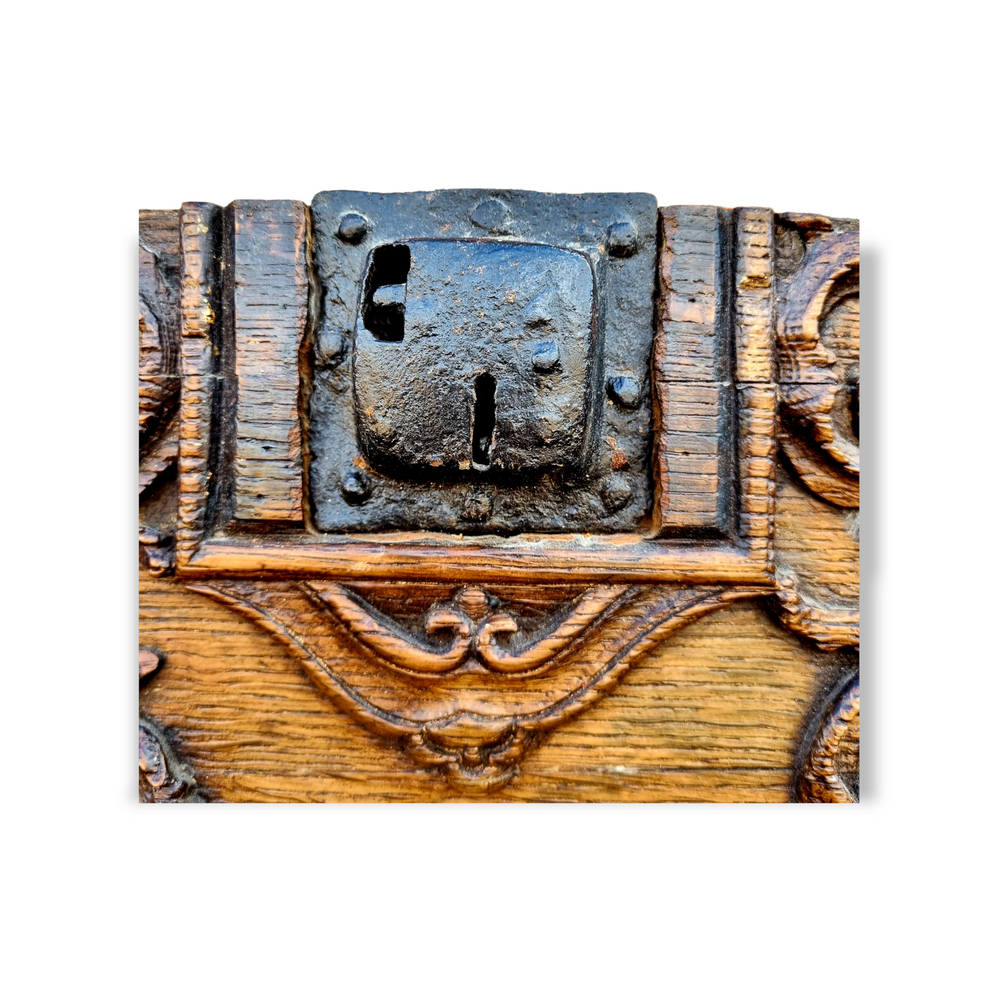 16th Century Antique Iron Lock Mounted on a Carved Oak Panel