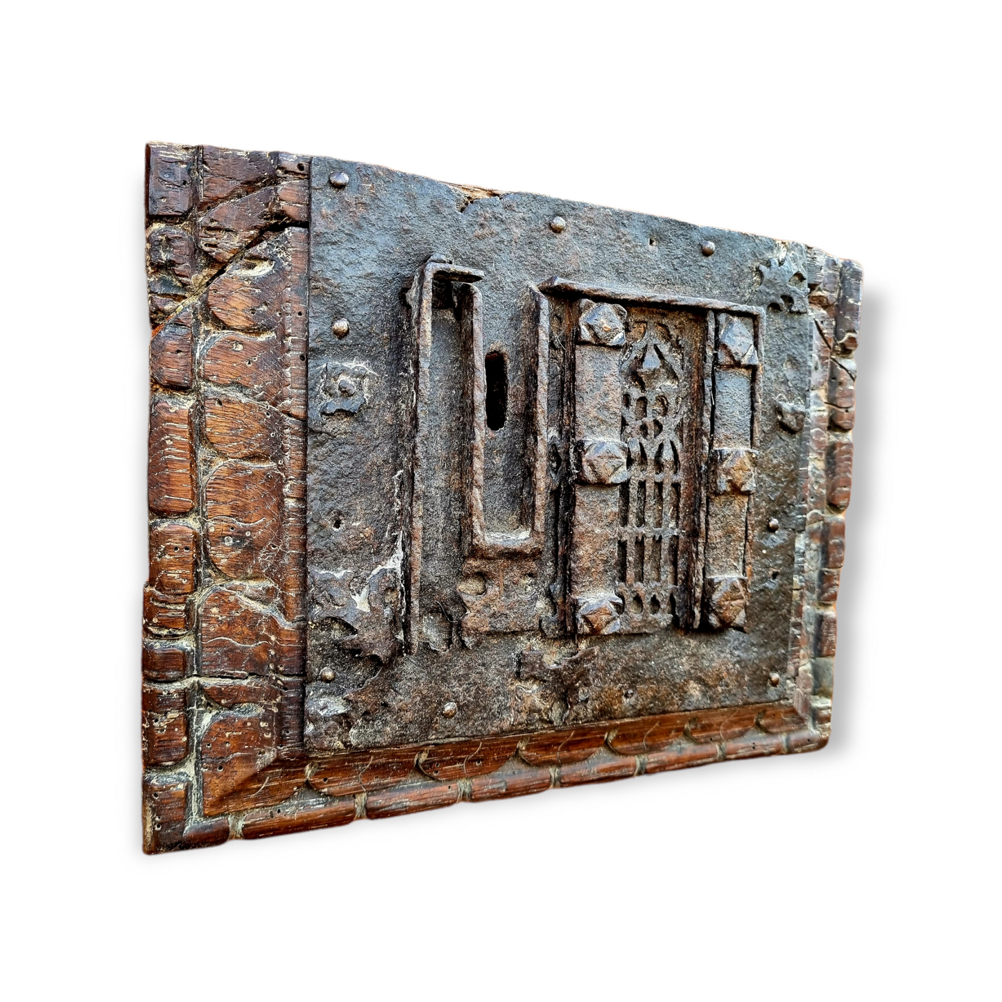 Early 16th Century Gothic Antique Iron Lock Mounted on a Carved Oak Panel